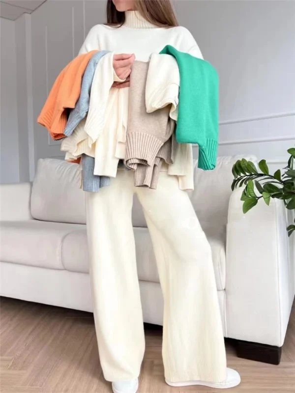 Autumn Winter 2 Pieces Women Sets Knitted Tracksuit Turtleneck Sweater and Straight Jogging Pants Suits - Image 2
