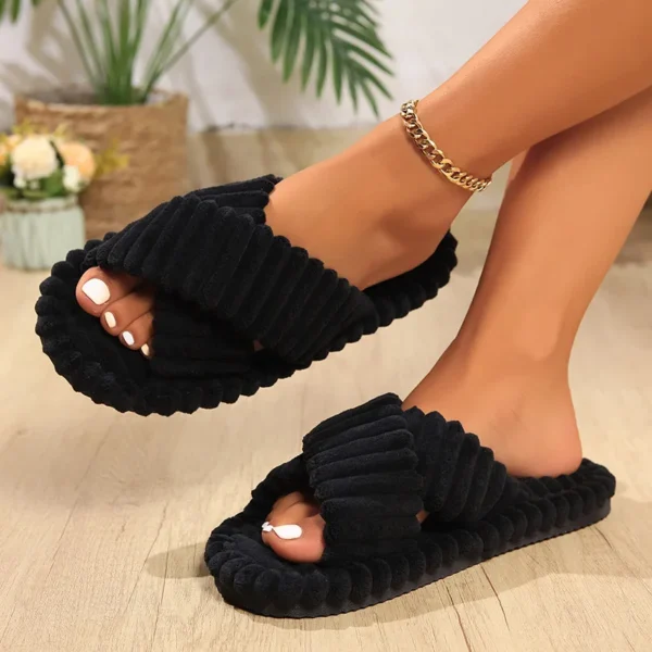 Solid Striped Women's Cotton Fabric Slippers Indoor Cross Strap Open Toe Flat Flip Flops Autumn Lightweight Comfort Slides - Image 3