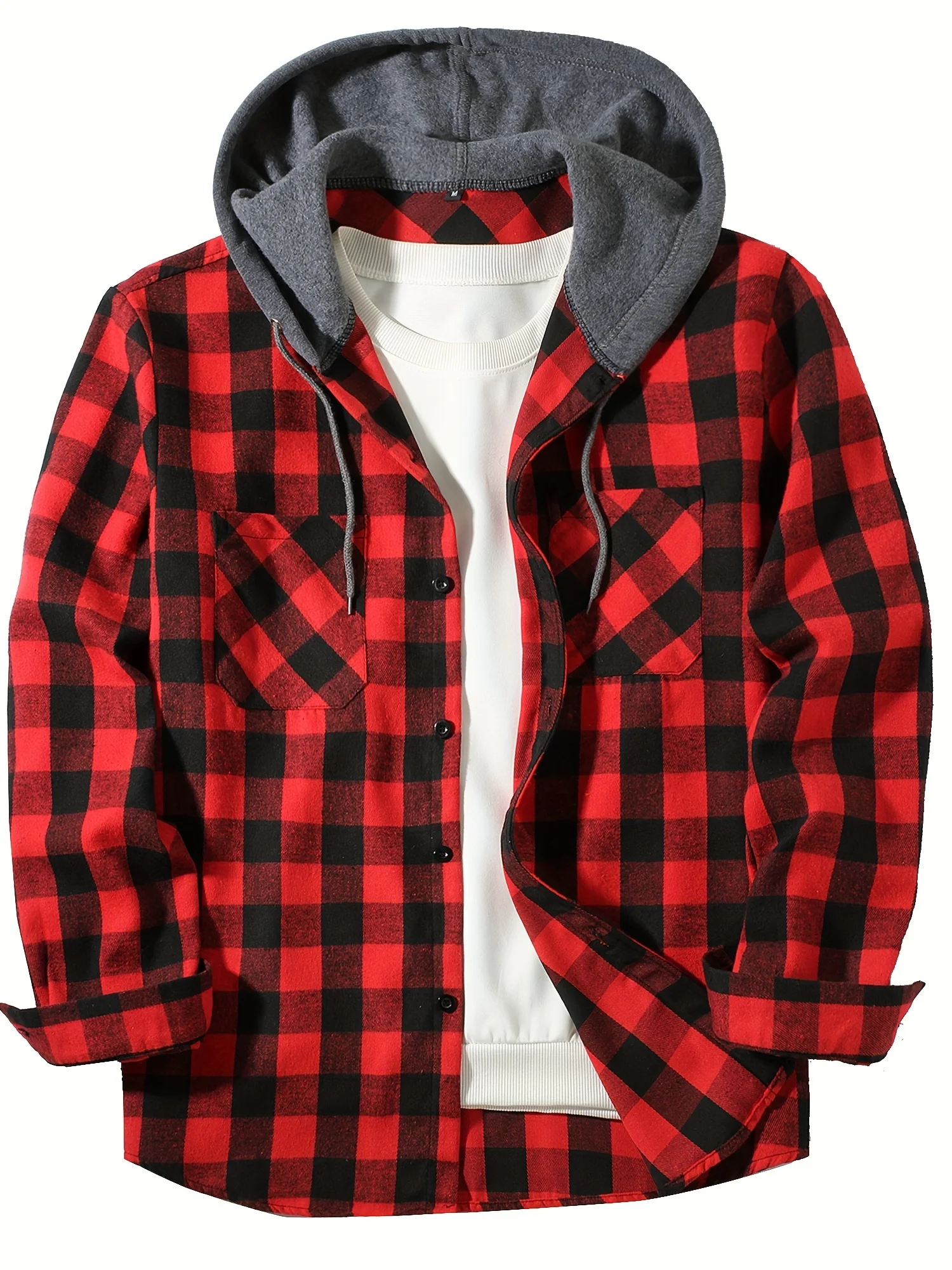 New four seasons plaid hooded shirt European and American size double bag cover hooded shirt men's trend slim-fit hooded shirt - Image 2