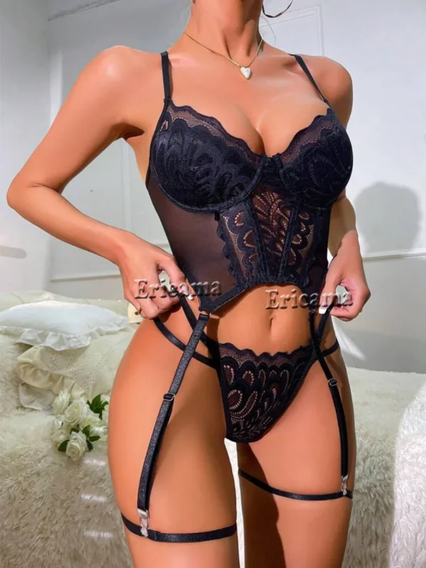 Floral Lace Garter Lingerie Set With Choker Women Intimates 2024 Underwire Bra And Thongs Ladies Underwear Set - Image 5