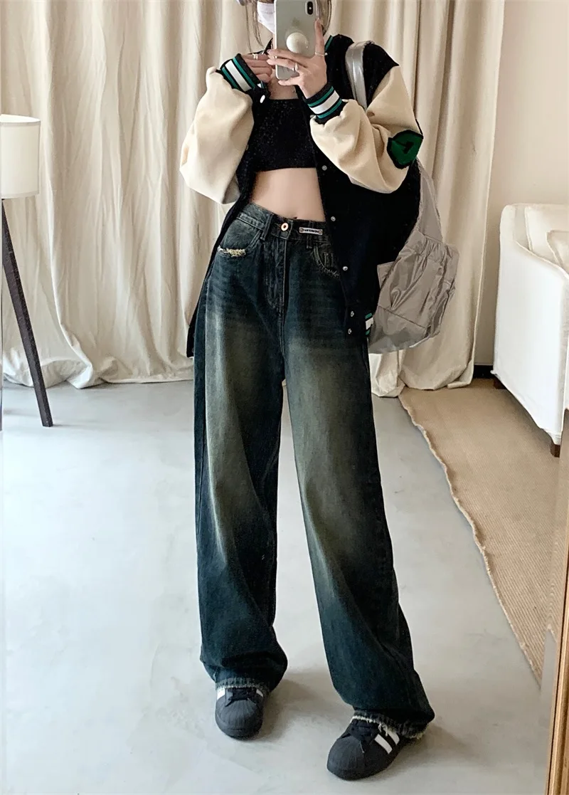 Women's Harajuku Style Loose Wide Leg Jeans Autumn Winter Street Fashion Retro Straight Loose Denim Trousers - Image 5
