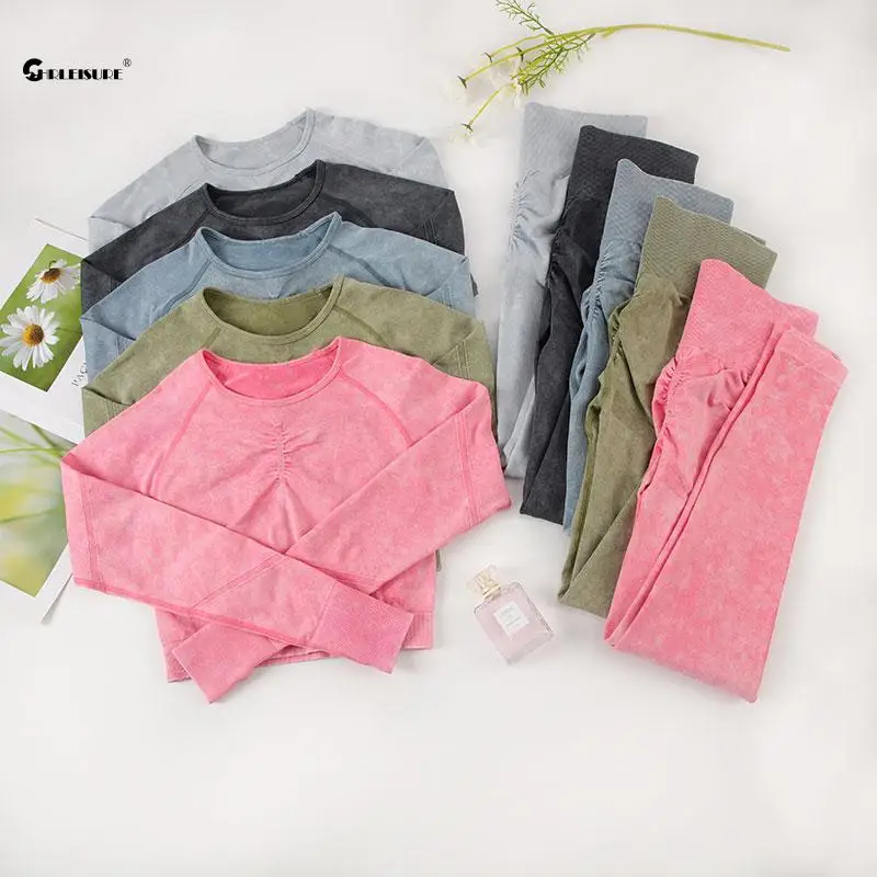 CHRLEISURE Wash Sports Set for Women Seamless Yoga Suit Long Sleeve Fitness Top with Butt Lift Scrunch Workout Leggings Gym Wear - Image 5