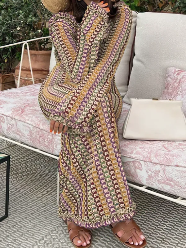 LANMREM Fashion Backless Women's Dress Lace Contrast Color Long Sleeves Slim Design Dresses 2024 New Summer Clothing 32C825 - Image 4