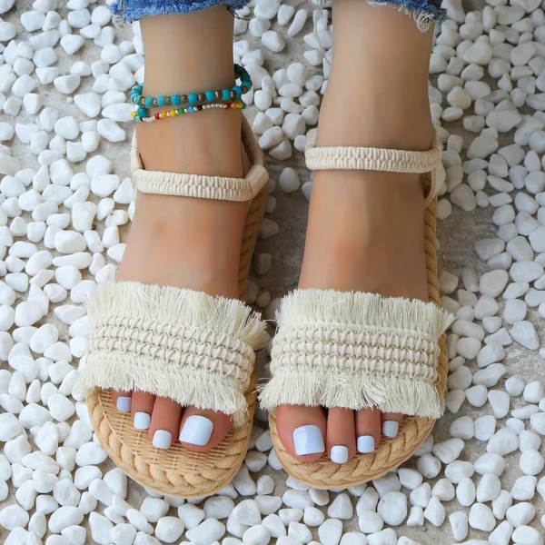 Women's fashion trend tassel shoelaces are non slip, wear-resistant, comfortable, soft soled flat heeled sandals - Image 5