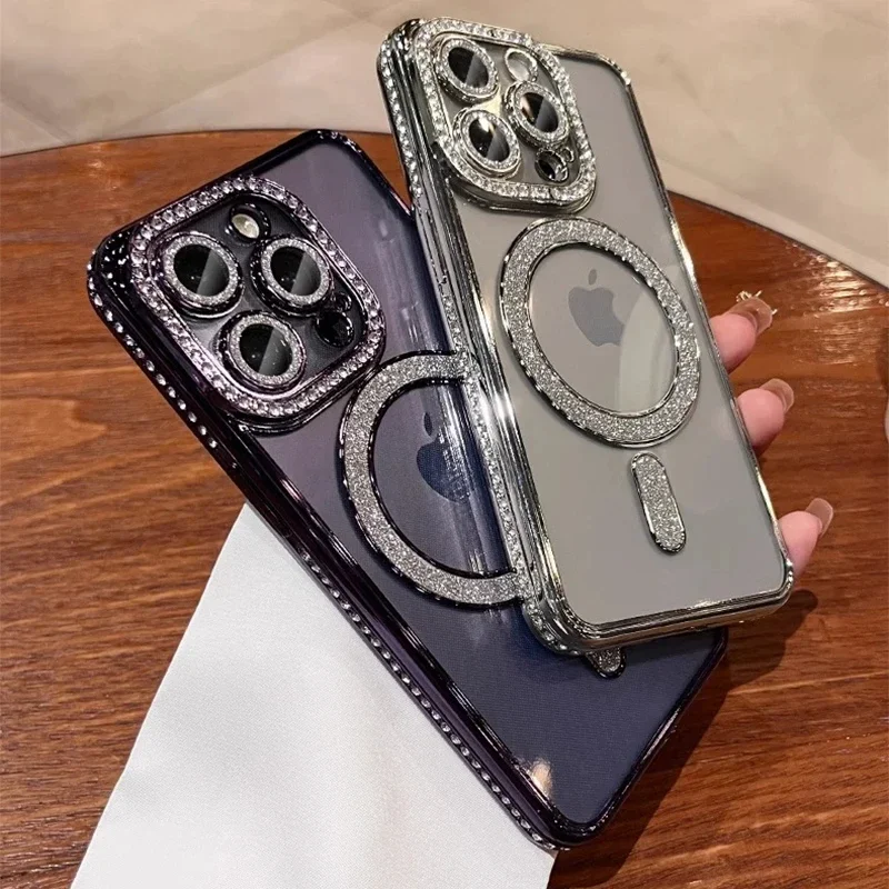 2024 New Fashion Glitter Diamond Transparent Case For iPhone 16 15 14 Plus 13 12 11 Pro Max Magnetic Wireless Charge Back Cover - Image 3