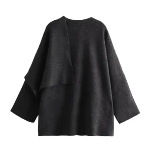 TRAF Women's Fashion Fall Winter Chic Scarf Jacket Long Sleeve Knitted Asymmetric Jacket Sexy Split Hem Loose Short Jacket