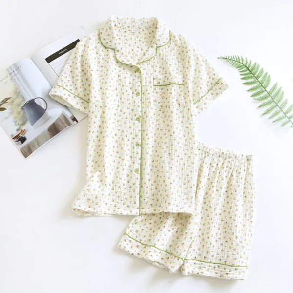 New summer women's cotton crepe three-piece short sleeve + shorts + trousers large size simple flower pajamas home service suit - Image 5