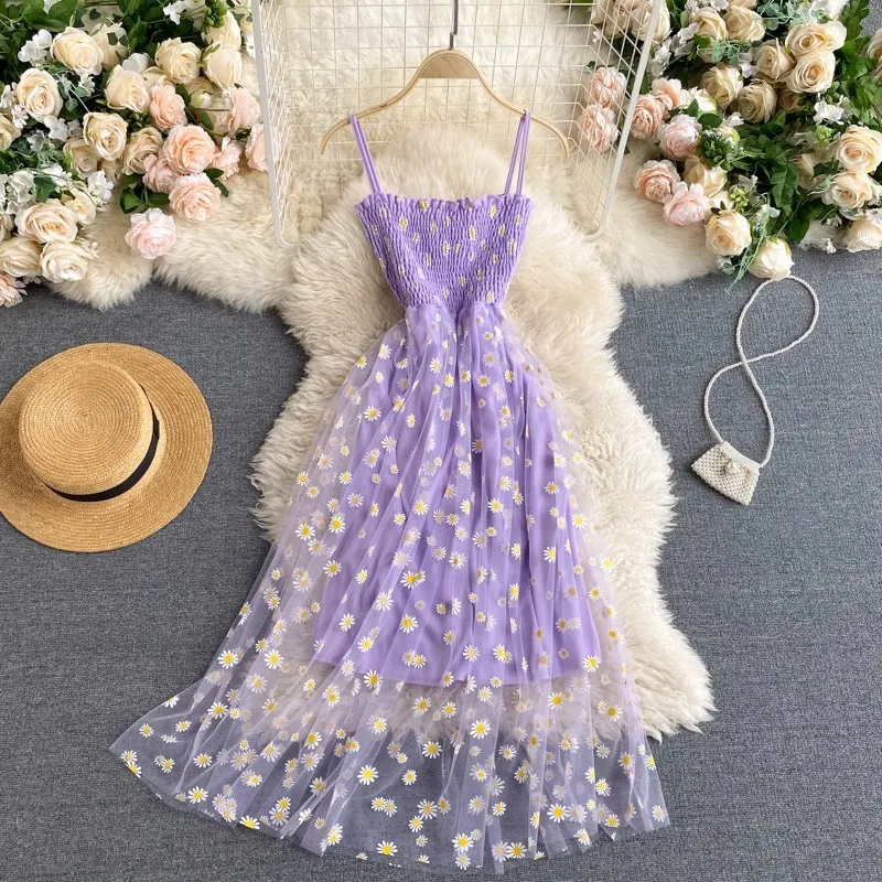 YuooMuoo Women Dress 2024 New Korean Fashion Floral Print Spaghetti Straps Mesh Party Dress Vacation Style Lady Beach Vestidos - Image 3