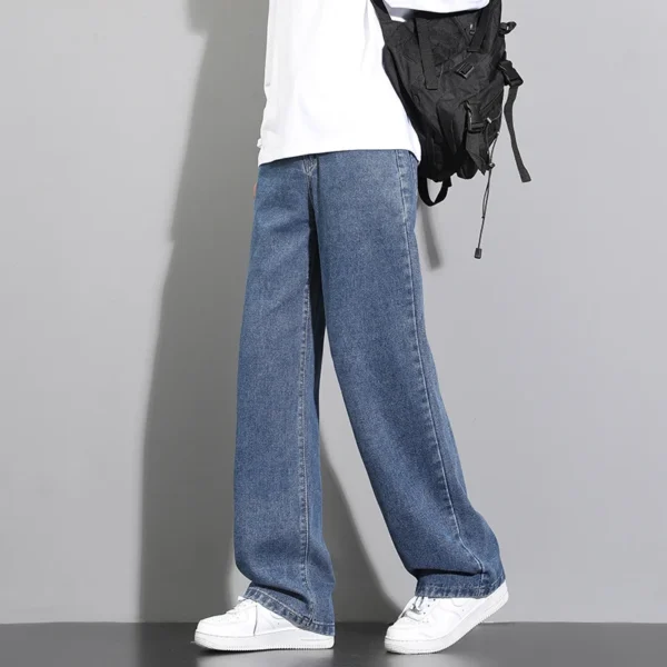 2024 New Korean Men's Casual Long Jeans Classic Man Straight Denim Wide-leg Pants Solid Color Light Blue Grey Black 3XL