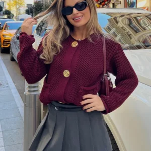 TRAFZA 2024 Female Casual Cardigan Sweater Coat 2 Pockets Wine Red Solid Metal Button Knitted Sweater Woman Autumn Trends Street