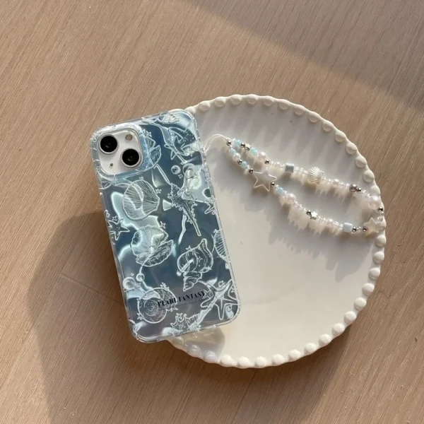 Cute Ocean Shell Pattern Aurora Phone Case For iPhone 16 15 14 13 12 Pro Max 15Pro Cute Bracelet Chain Cover Shockproof Cases