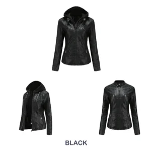 Faux Leather Jacket Women Motorcycle Coat for Biker with Removable Hood Plus Size