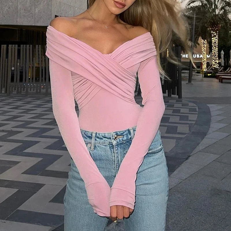 Sexy Off Shoulder Bodysuits Women Fashion Black Crossed Folds Skinny Rompers Long Sleeve Fashion Streetwear Autumn Bodysuits New - Image 6