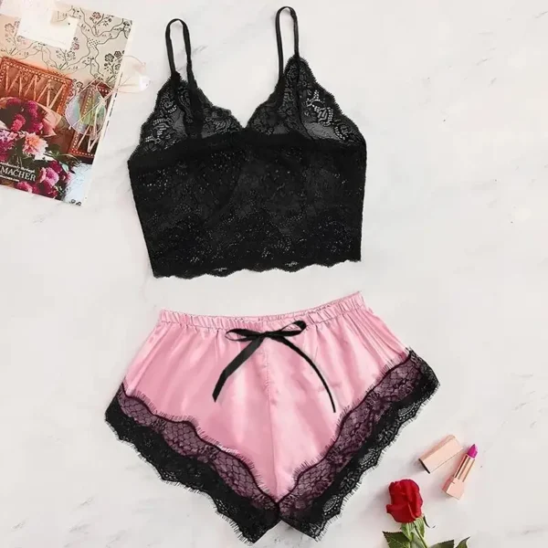 2024 Summer 2 Pcs Women's New Sexy Lace See-Through Pajamas Black Pink Cute Clothes Comfortable Breathable Suspender Shorts Set - Image 5