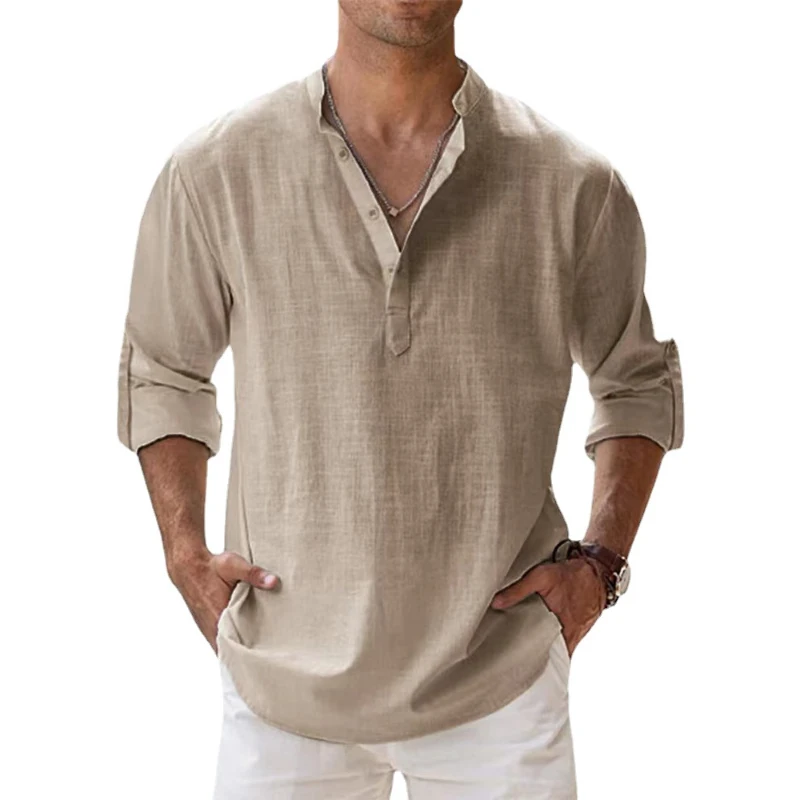 New Cotton Linen Shirts for Men Casual Shirts Lightweight Long Sleeve Henley Beach Shirts Hawaiian T Shirts for Men - Image 3