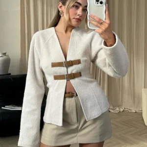 TRAFZA Retro Leather Buckle Woolen Coat Women Fashion Solid V Neck Long Sleeve Beige Jacket Autumn Spring Chic Female Streetwear