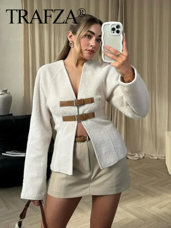 TRAFZA Retro Leather Buckle Woolen Coat Women Fashion Solid V Neck Long Sleeve Beige Jacket Autumn Spring Chic Female Streetwear - Image 3