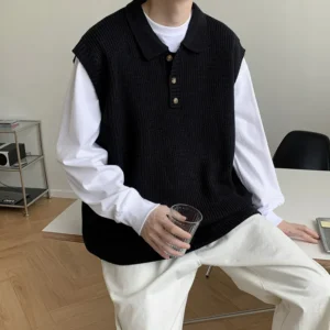 Winter Lapel Sweater Vest Men Warm Fashion Casual Knitted Pullover Men Korean Loose Sleeveless Sweater Mens Jumper Clothes