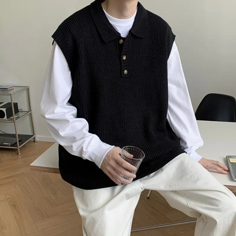 Winter Lapel Sweater Vest Men Warm Fashion Casual Knitted Pullover Men Korean Loose Sleeveless Sweater Mens Jumper Clothes - Image 4