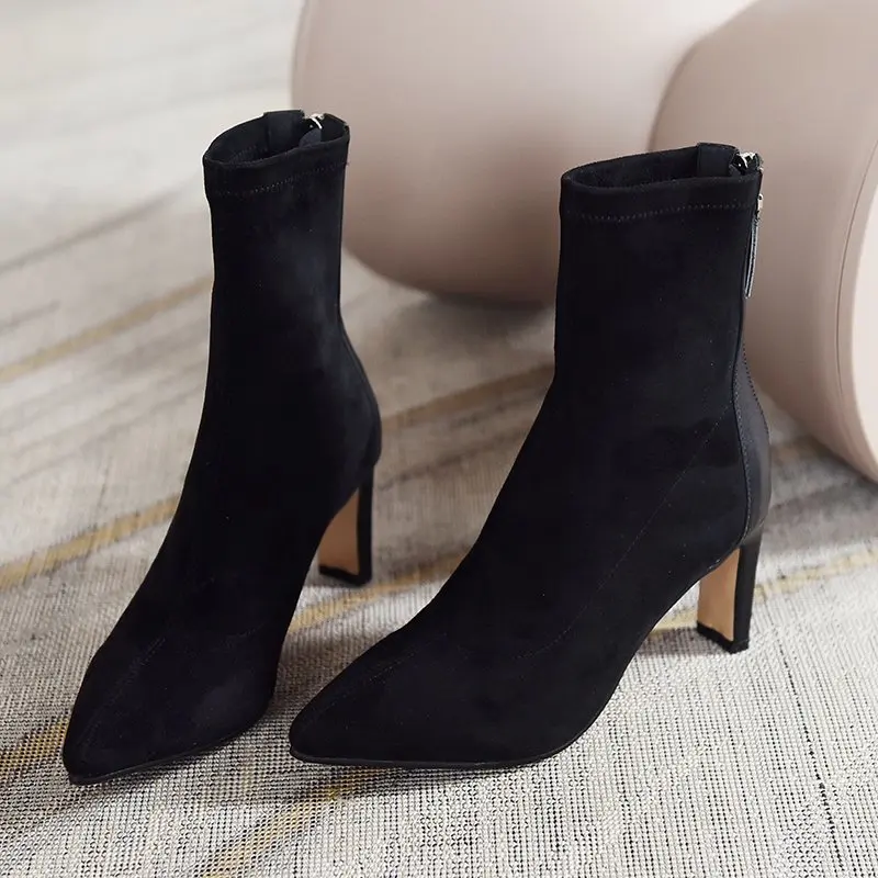 High Heel Boots Women's 2024 New Korean Style Autumn and Winter Mid Heel Stretch Thin Boots Pointed Toe Sock Boots Women - Image 3