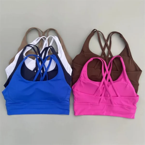 Solid Color Soft Cross Back Women Fitness Bra Tights Yoga Vest High Strength Shockproof Gym Sports Top Push Up With Chest Pad - Image 2