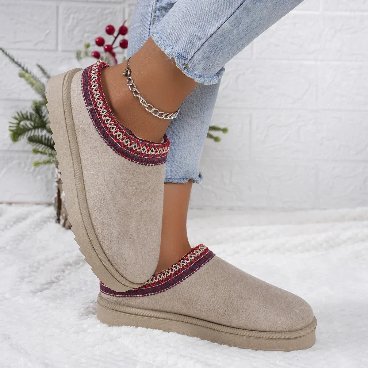 Snow Boots Women Winter New Cashmere Warm Thick Soles Without Heel-covered Hair Half Slipper Cotton Shoes Cashmere Warm Boots - Image 6