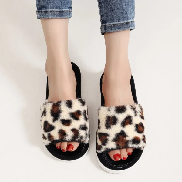 Autumn Winter Leopard Print Slippers Women's Fashion Plush Fur Slides Home Flip Flops Indoor Warm EVA Anti Slip Living Room Shoe