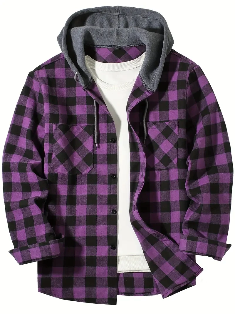 New four seasons plaid hooded shirt European and American size double bag cover hooded shirt men's trend slim-fit hooded shirt - Image 6
