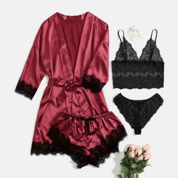 Black Sexy Women's Pajamas Satin 4-piece Lace Silk Suspender Tops Shorts Robe Pajamas Set Nightgown Underwear Nightdress Suit - Image 6