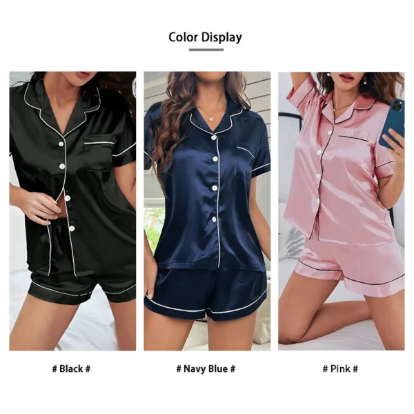 Summer Silk Satin Women Pajamas Set Button Down Top & Shorts 2 Pieces Sleepwear Notched Collar Nightwear Loungewear for Women - Image 4