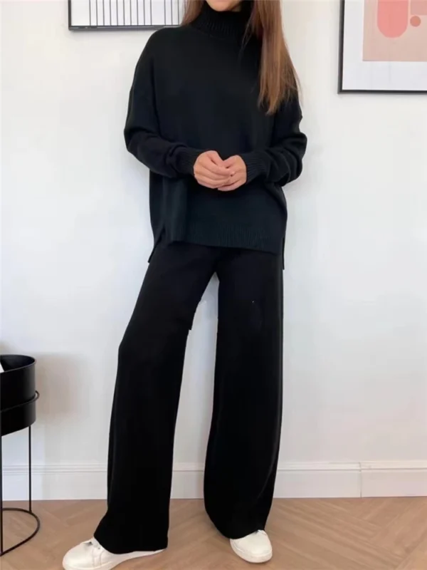 Autumn Winter 2 Pieces Women Sets Knitted Tracksuit Turtleneck Sweater and Straight Jogging Pants Suits - Image 4