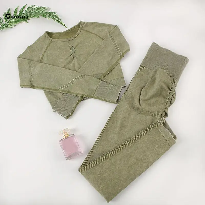 CHRLEISURE Wash Sports Set for Women Seamless Yoga Suit Long Sleeve Fitness Top with Butt Lift Scrunch Workout Leggings Gym Wear - Image 3