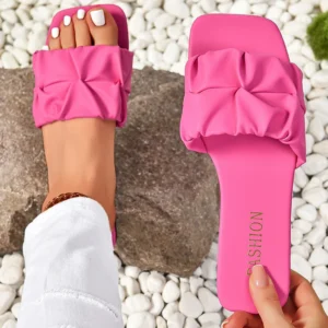 Pleated Summer Slippers For Women Trend Flat Outdoor Sandals For Women Flip Flops 2024 Korean Luxury Design Ladies Shoes Green