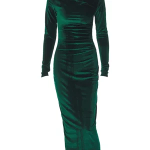 Dulzura 2024 Spring Summer Velvet Long Sleeve Midi Dress For Women Ruched Long Dress Elegant Party Clothes Evening Green Outfits