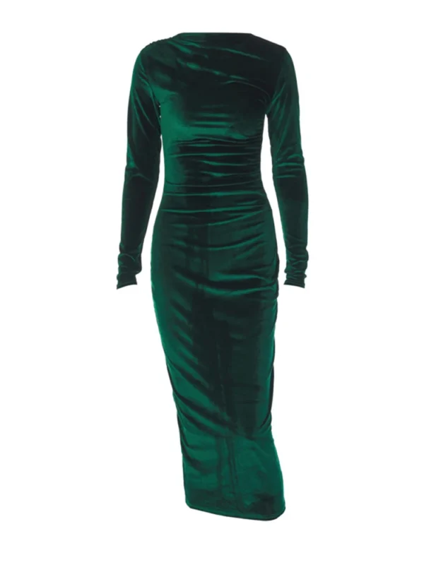 Dulzura 2024 Spring Summer Velvet Long Sleeve Midi Dress For Women Ruched Long Dress Elegant Party Clothes Evening Green Outfits - Image 6