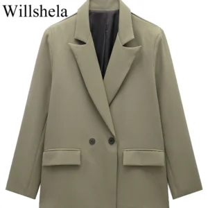 Willshela Women Fashion With Pockets Solid Double Breasted Blazer Vintage Long Sleeves Notched Neck Female Office Lady Outfits