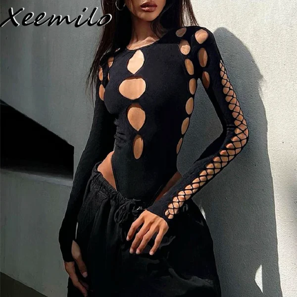 Xeemilo Sexy Dot Hollow Out Bodysuit Y2K Gothic Punk Long Sleeves Bodycon T-shirt Women Autumn Streetwear Slim Bodice Bodysuits - Image 3