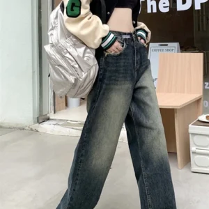 Women's Harajuku Style Loose Wide Leg Jeans Autumn Winter Street Fashion Retro Straight Loose Denim Trousers ﻿