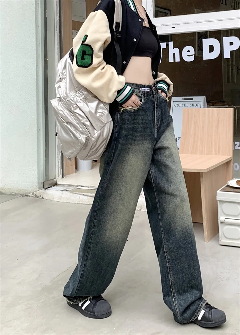 Women's Harajuku Style Loose Wide Leg Jeans Autumn Winter Street Fashion Retro Straight Loose Denim Trousers - Image 4