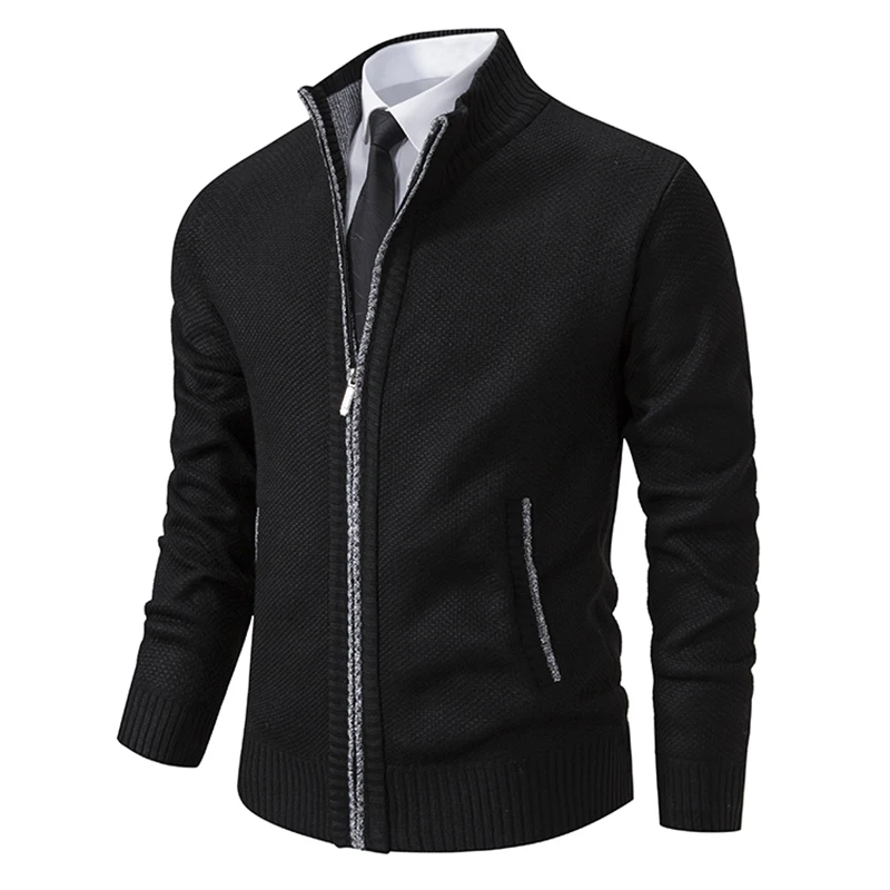 Autumn And Winter New Jersey Men's Casual Sports Coat Solid Color Stand Collar Wweater Grab Fleece Warm Zipper Cardigan - Image 5