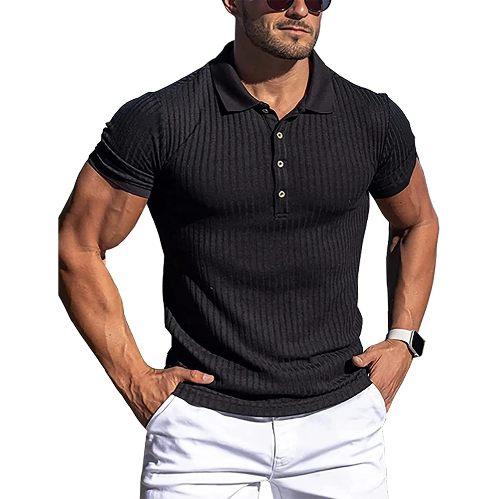 New Summer Polo Men Solid Stripe Fitness Elasticity Short Sleeve Polo Shirts for Men Fashion Stand Collar Mens Shirts - Image 4