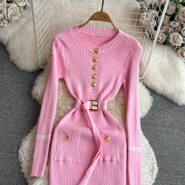 YuooMuoo Women Dress 2024 Autumn Winter Elegant Rib Knit Long Pencil Dress with Belt Office Lady Bodycon Sweater Dress Vestidos - Image 5