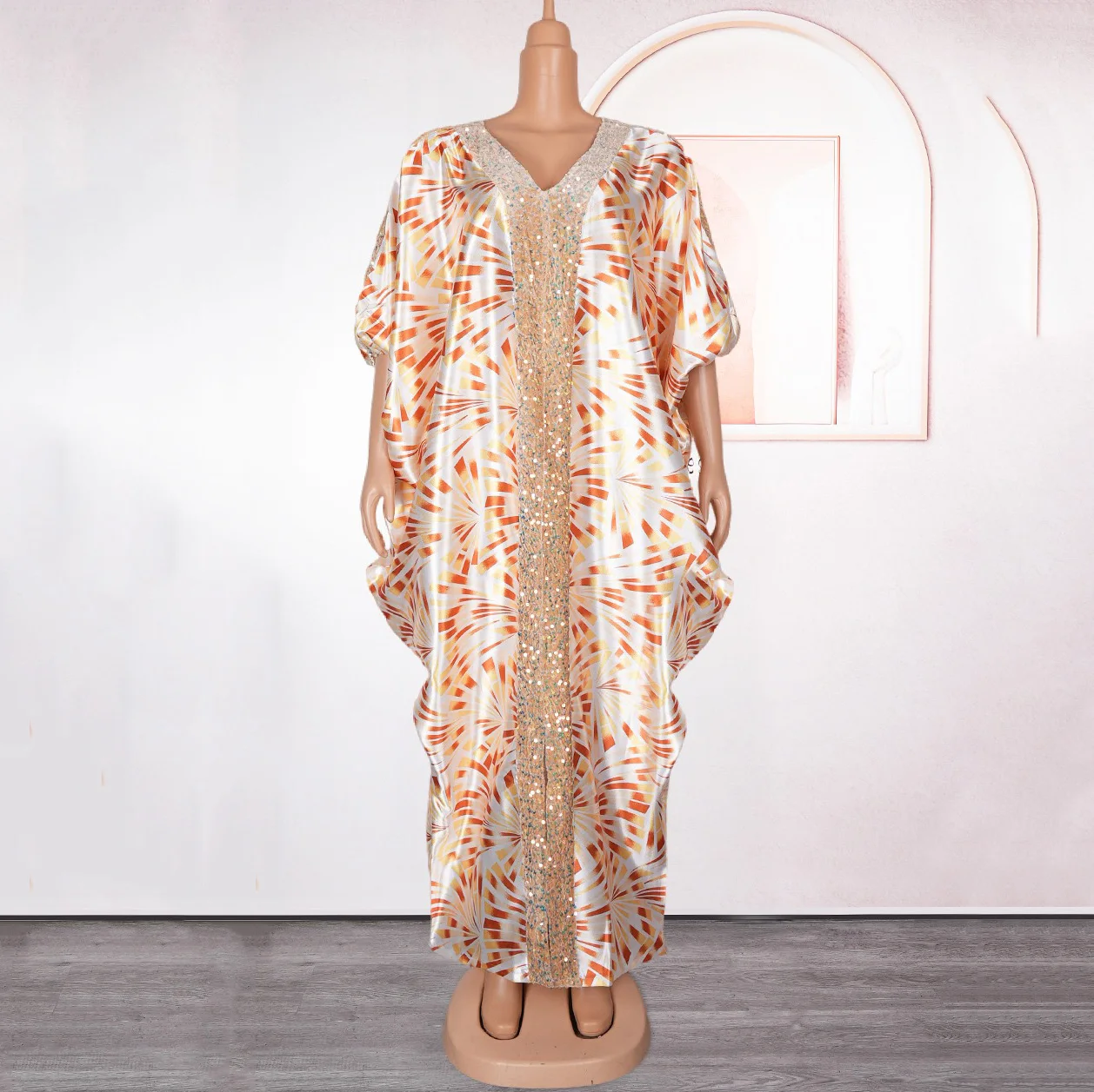 Muslim Party Dress Women Elegant Luxury 2024 V Neck Batwing Sleeve Sequined Loose Birthday Party Dinner Dress ClothFloor Length - Image 2