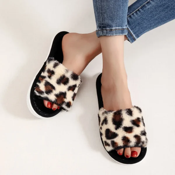 Autumn Winter Leopard Print Slippers Women's Fashion Plush Fur Slides Home Flip Flops Indoor Warm EVA Anti Slip Living Room Shoe