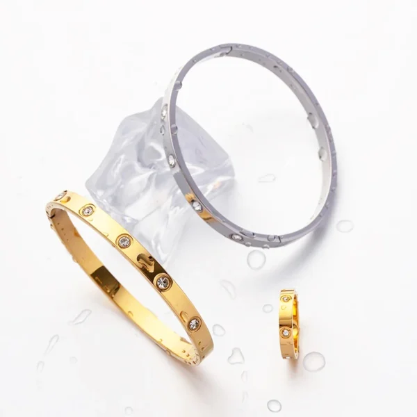 1Set Bangles Rings For Women Stainless Steel Bracklet Jewelry Stylish Cubic Zircon Gold Color Waterproof With Gift Box - Image 4
