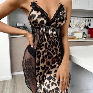 SFY2719 New Arrival Women'S Lace Halter Backless Nightdress Plus Size Leopard Print Seductive See-Through Women'S Sexy Lingerie
