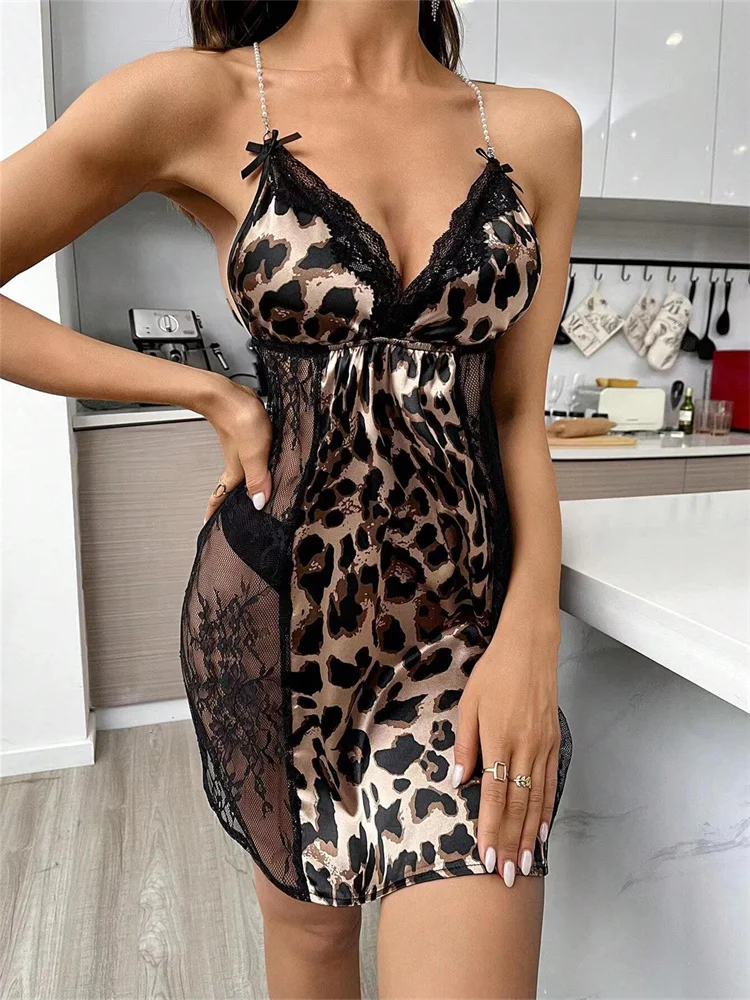 SFY2719 New Arrival Women'S Lace Halter Backless Nightdress Plus Size Leopard Print Seductive See-Through Women'S Sexy Lingerie - Image 5