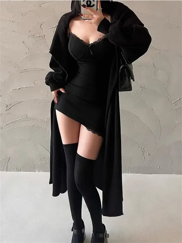 Y2K Retro Lace Patchwork Spaghetti Strap Black Bodycon Dress Mini Fashion Aesthetic Bow Club Party Sexy Dresses for Women - Image 2