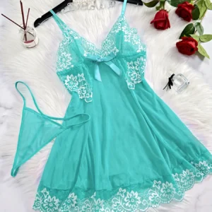 Elegant Semi Sheer V Neck Lace Slip Dress With Thong Women's Casual Sleepwear Plus Size Women's Underwire Sexy Lingerie Dress