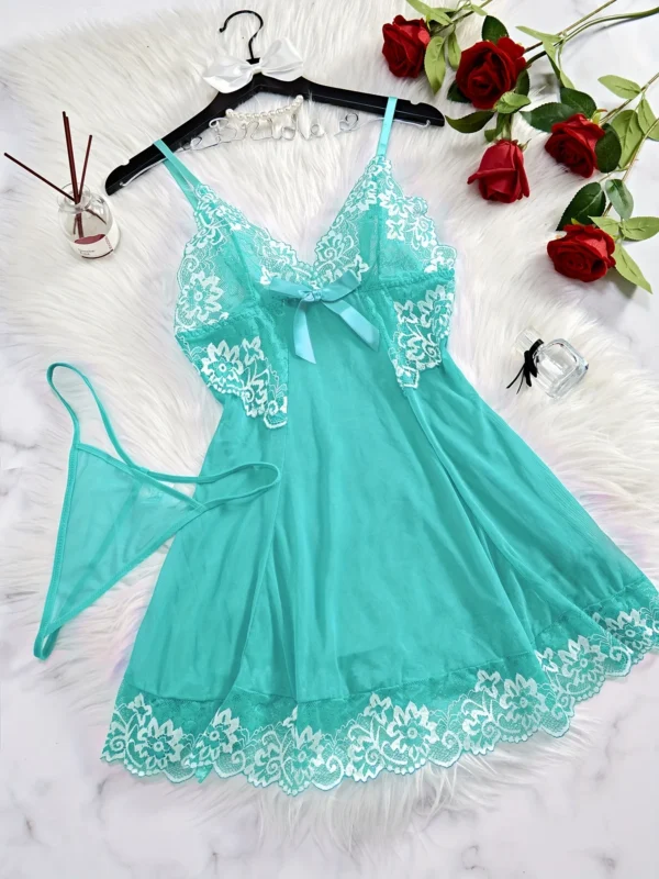 Elegant Semi Sheer V Neck Lace Slip Dress With Thong Women's Casual Sleepwear Plus Size Women's Underwire Sexy Lingerie Dress - Image 3